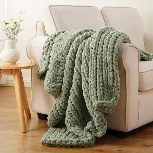 Sage Green Chunky Knit Throw Blanket,Handmade Cable Knit Crochet Blanket,Soft Thick Chenille Throw Blankets For Spring Living Room Decor,50"X60"