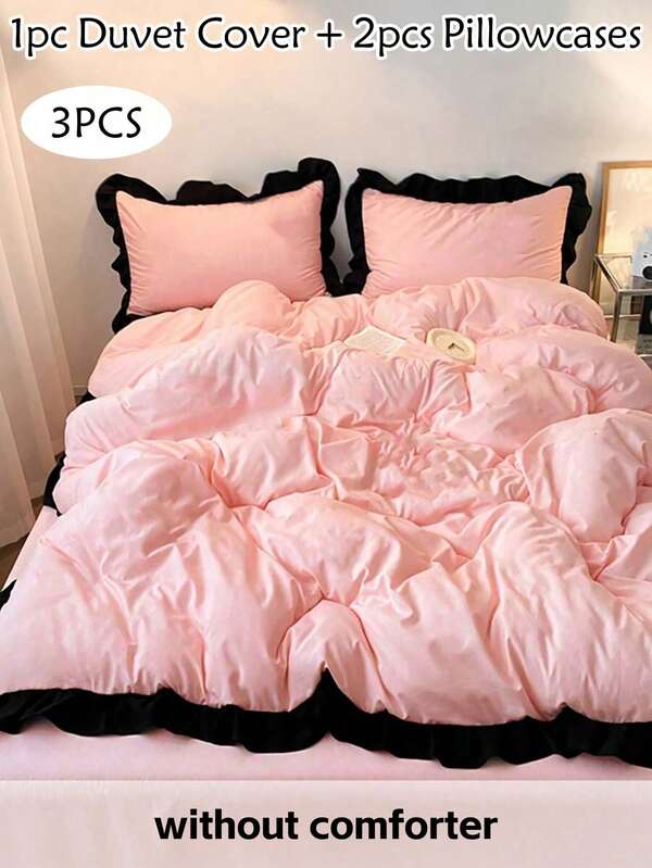 3pcs Pink Polyester Duvet Cover Set, Black Ruffle Lace, Modern Cute Bedding Set, Large Size, Suitable For All Seasons, Soft & Breathable (1 Duvet Cover + 2 Pillow Shams, Without Filler)