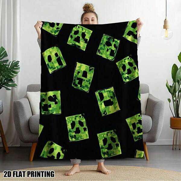 1pc Ultra-Soft Creeper Chaos Flannel Throw Blanket - Twin Size, Green & Black Pixelated Design, All-Season Cozy Blanket For Bed, Couch, Chair, Office, And Camping - Perfect Gift For Gamers & Fans, Camping Essentials, Contemporary Style